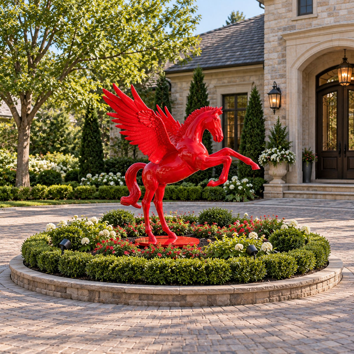 Vibrant red cast aluminum Pegasus statue with spread wings, perfect for garden or yard decor