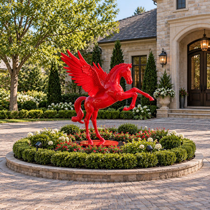 Vibrant red cast aluminum Pegasus statue with spread wings, perfect for garden or yard decor