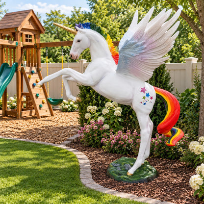 White winged unicorn statue with rainbow mane, tail, and stars, perfect for garden or yard decor.