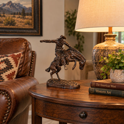 Cast aluminum cowboy on bucking horse statue for yard or home decor.  Remington replica statue