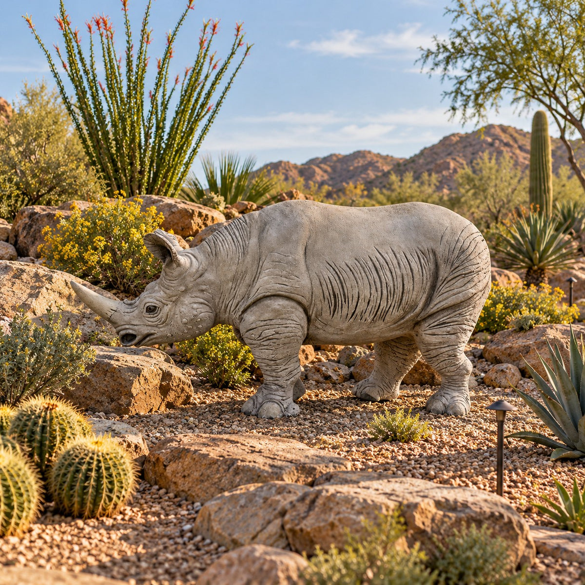Cast aluminum rhinoceros statue for yard or garden decor, detailed textured finish