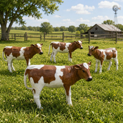 Cast aluminum brown and white cow statue for yard or home decor