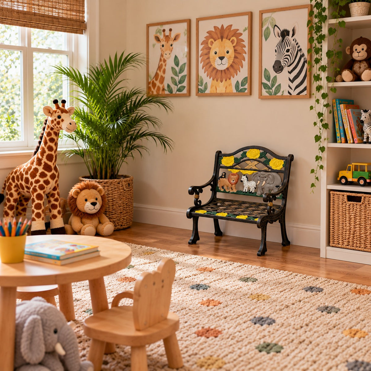 Cast aluminum garden bench with lion, zebra, elephant, and yellow roses for backyard decor