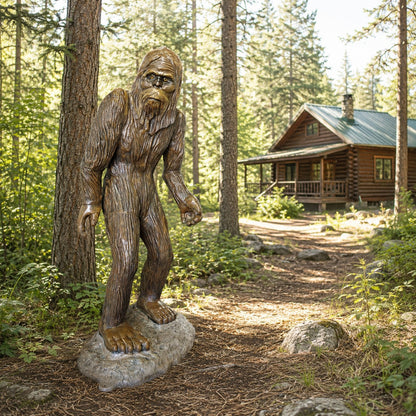 Cast aluminum sasquatch statue on rocky base detailed with hairy texture