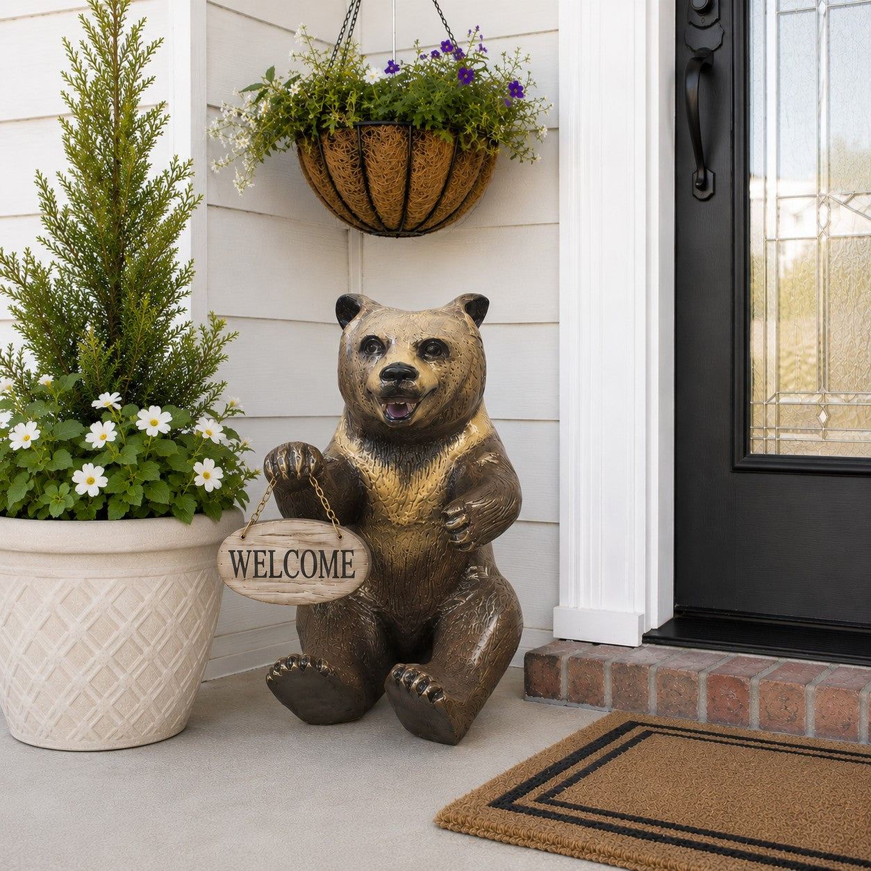 Cast aluminum bear statue with right arm stretched for yard or home decor, detailed craftsmanship