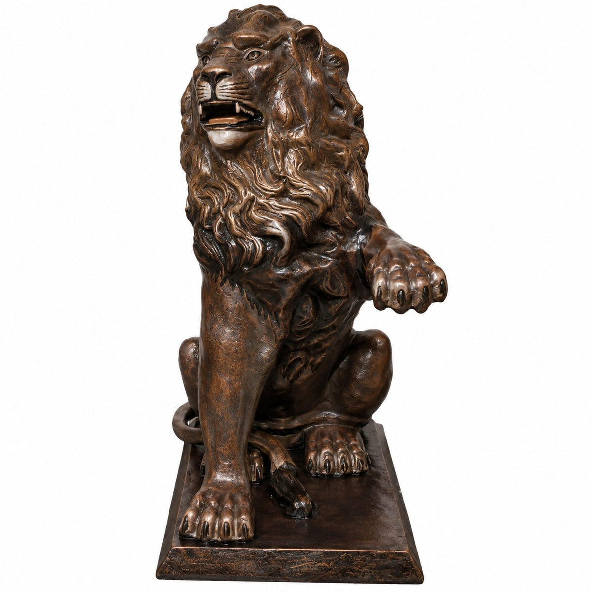 Cast aluminum lion statue with roaring expression, detailed mane, and raised paw for yard or home decor