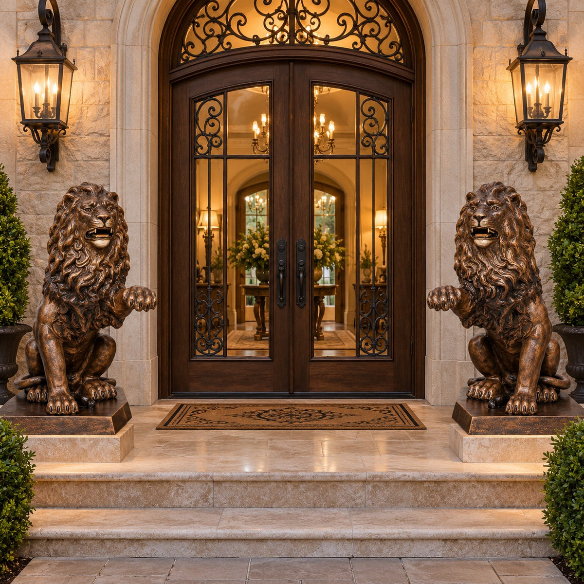 Cast aluminum lion statue with roaring expression, detailed mane, and raised paw for yard or home decor