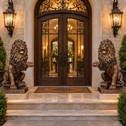 Cast aluminum lion statue with roaring expression, detailed mane, and raised paw for yard or home decor
