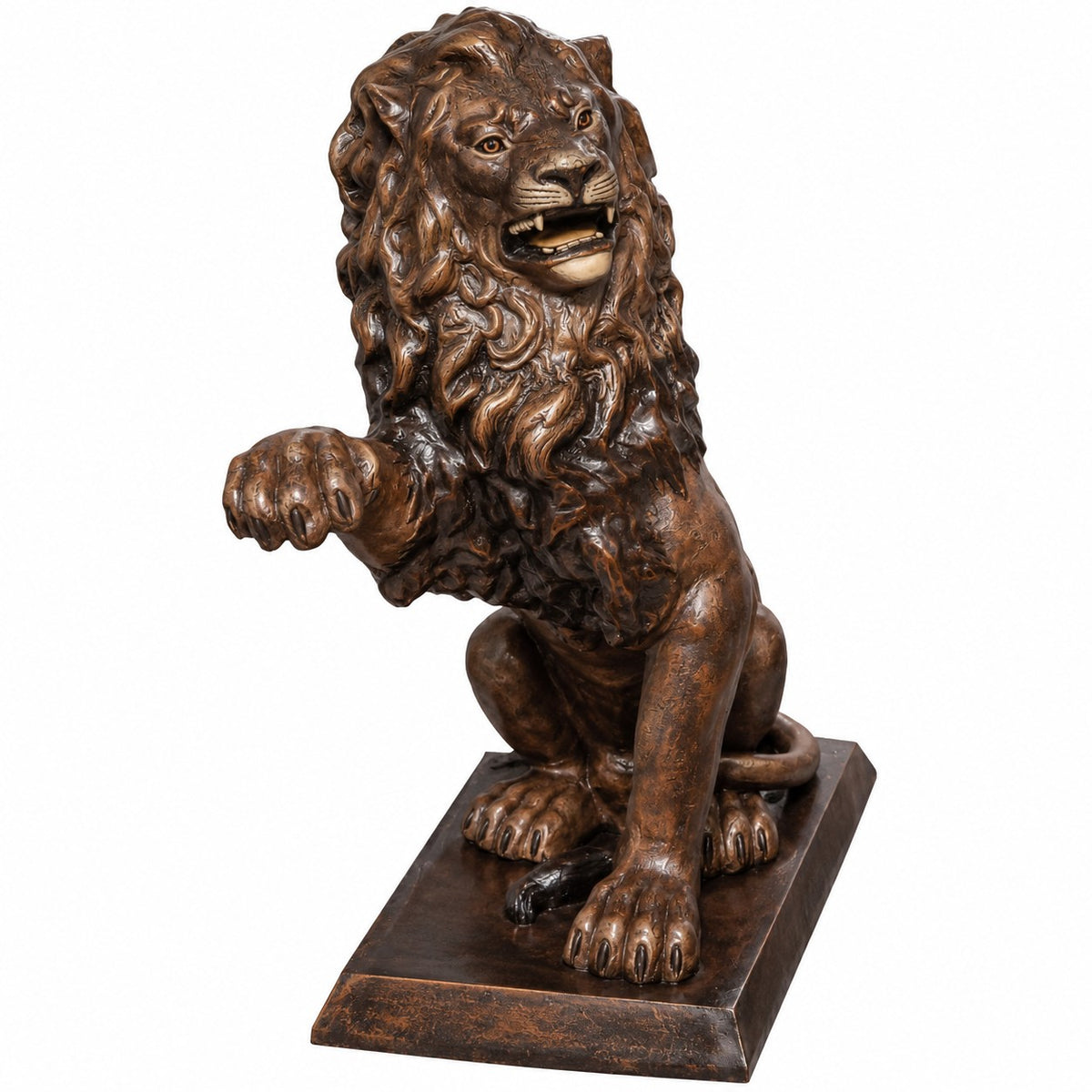 Cast aluminum lion statue with roaring expression, detailed mane, and raised paw for yard or home decor