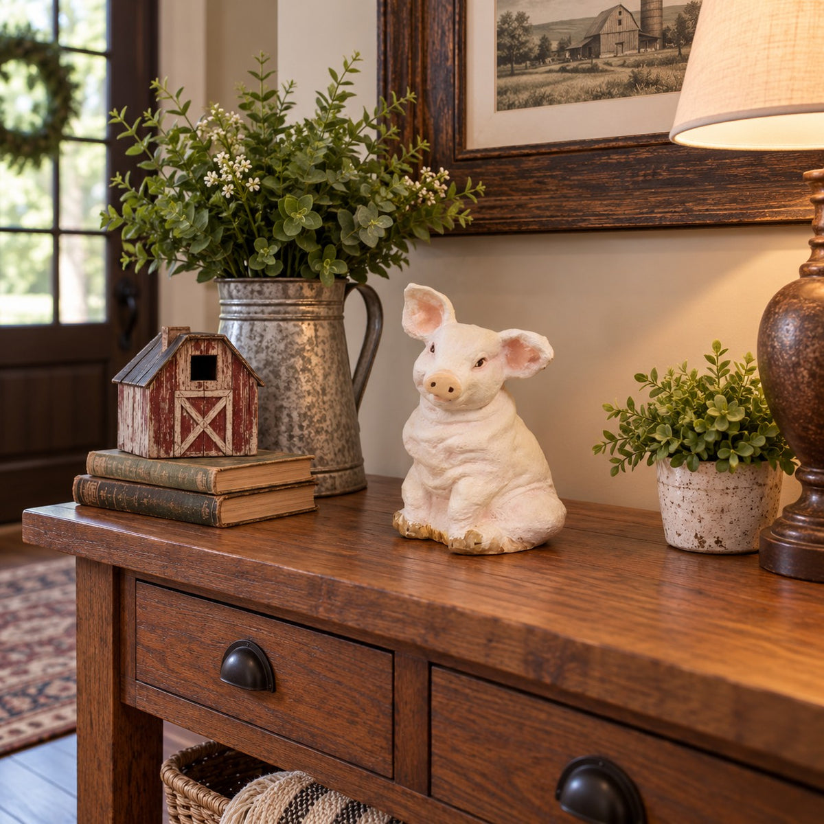 Cast aluminum sitting pig for home interior design spaces