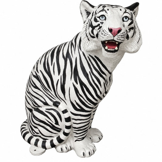 Cast aluminum sitting white tiger for dramatic indoor or outdoor design spaces.