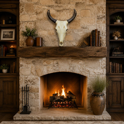Cast aluminum bull skull wall decor with curved horns, rustic home or yard accent piece
