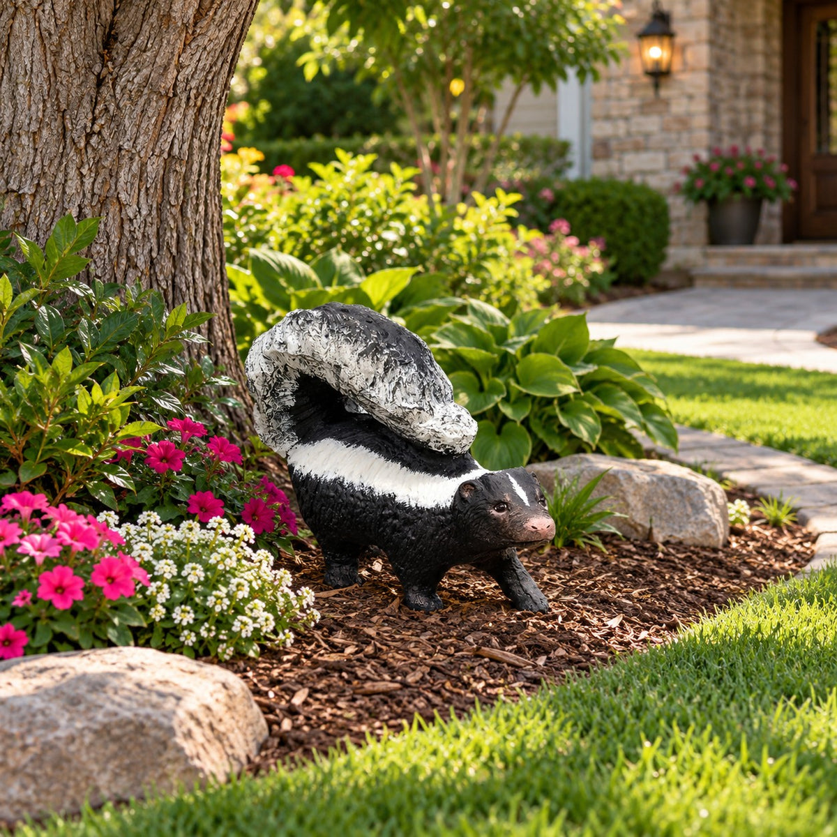 Cast aluminum skunk with detailed features for indoor or outdoor design spaces
