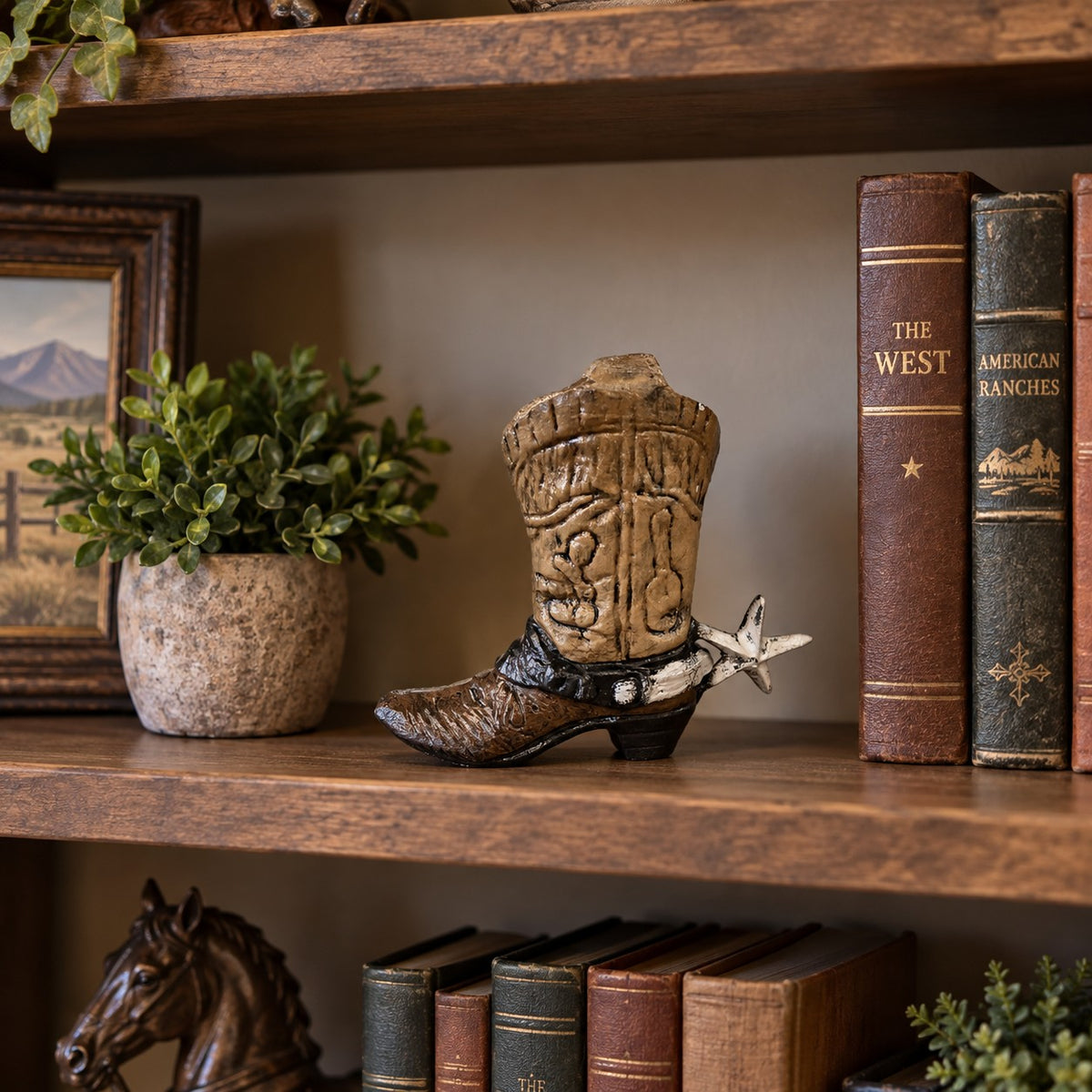 Cast aluminum small cowboy boot for interior western themed home decor