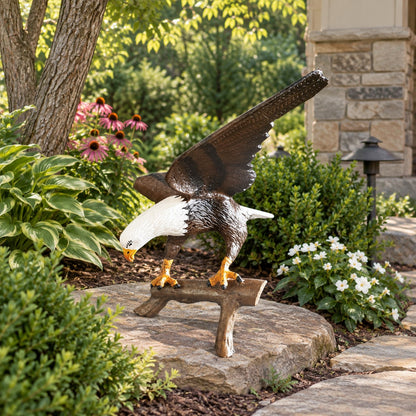 A realistic bald eagle garden statue perched on a small wooden branch, displayed outdoors on a stone slab in a landscaped garden with shrubs, flowers, and trees.