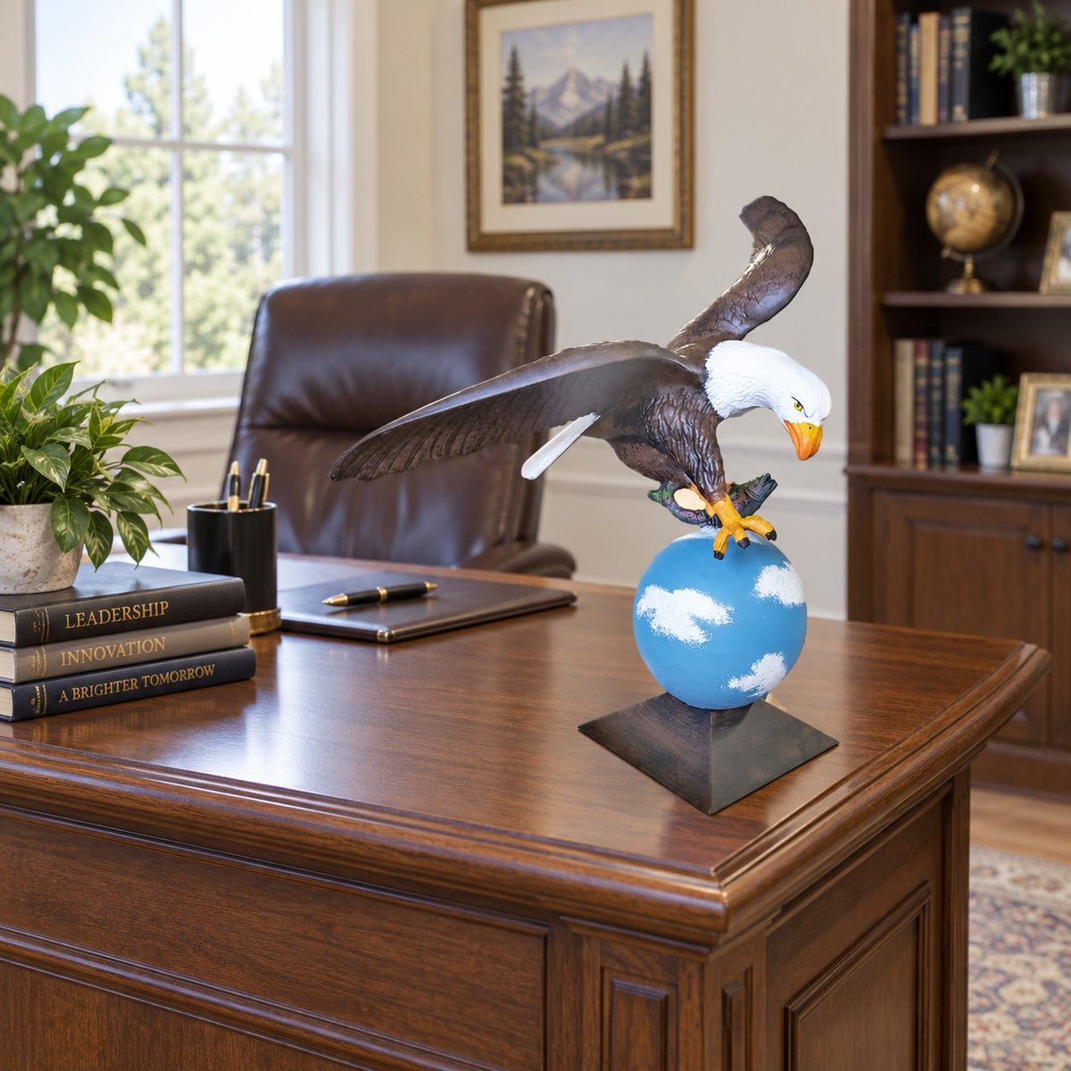 Cast aluminum eagle statue with outstretched wings perched on sphere, indoor or outdoor yard decor.