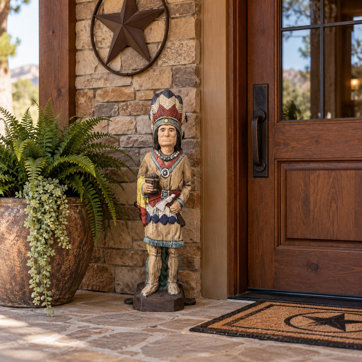 Cast aluminum 4-foot Indian chief for indoor or outdoor decor spaces.