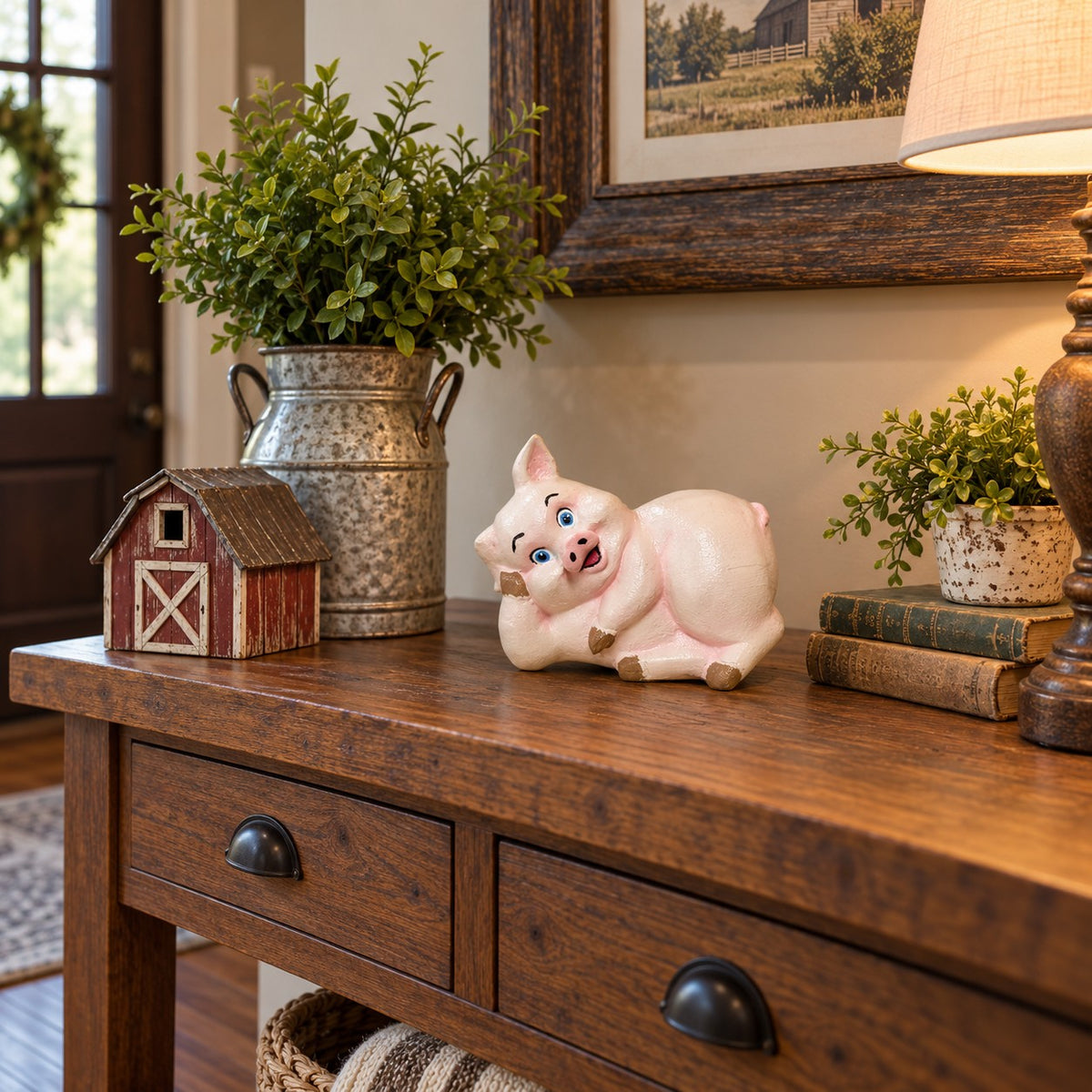 Cast aluminum small pig laying on its side with cute playful face for interior home decor