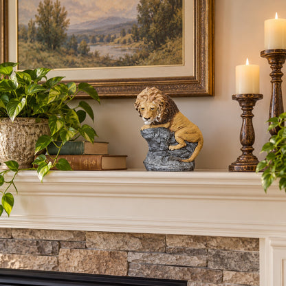 Cast aluminum small lion on rock statue for indoor home decor