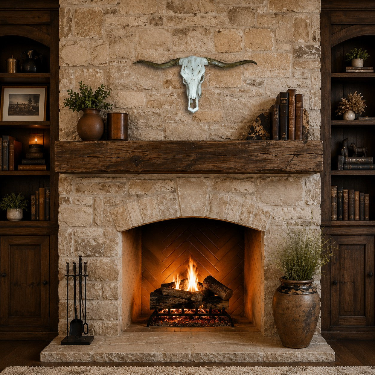 Cast aluminum longhorn skull wall decor with weathered white finish and rustic horns