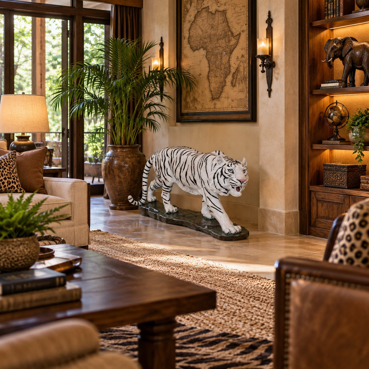 cast aluminum small white tiger with black stripes on a platform for indoor or outdoor use
