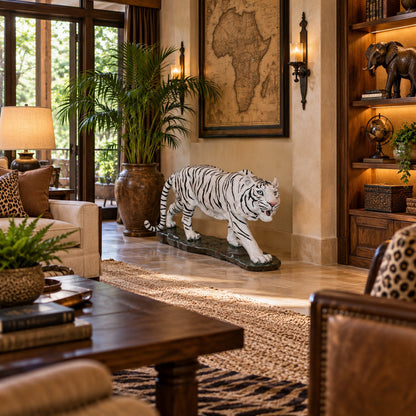 cast aluminum small white tiger with black stripes on a platform for indoor or outdoor use