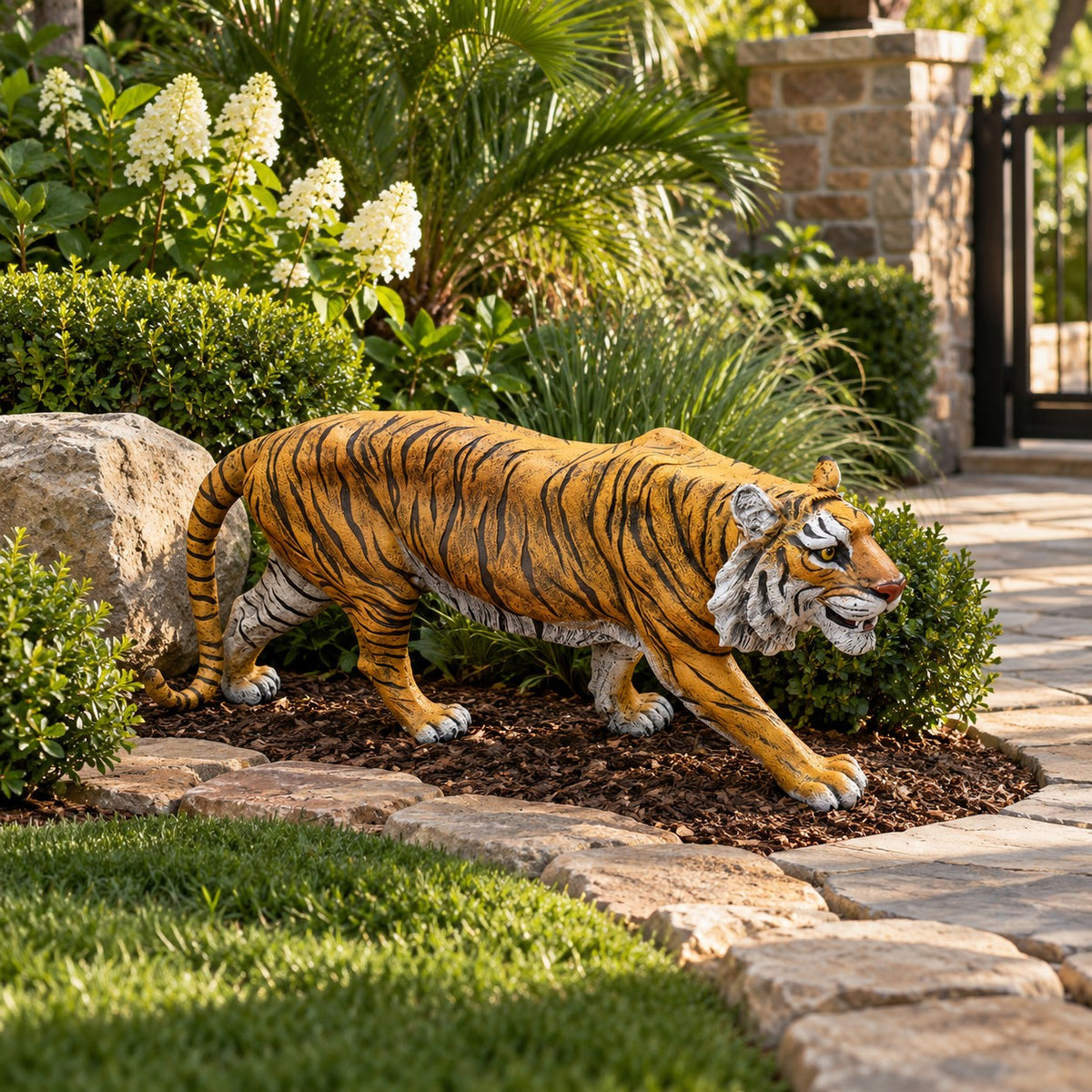 Cast aluminum tiger statue for yard or garden decor, lifelike walking pose with detailed stripes