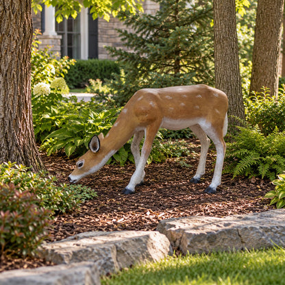 Cast aluminum fawn statue with spotted coat, ideal for yard or garden decor