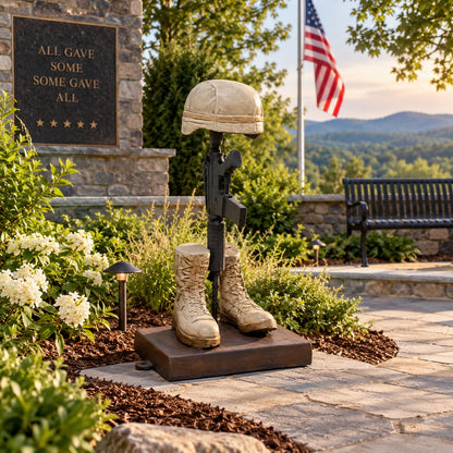 Cast aluminum soldier boot memorial statue for home, garden, yard, or commercial design spaces