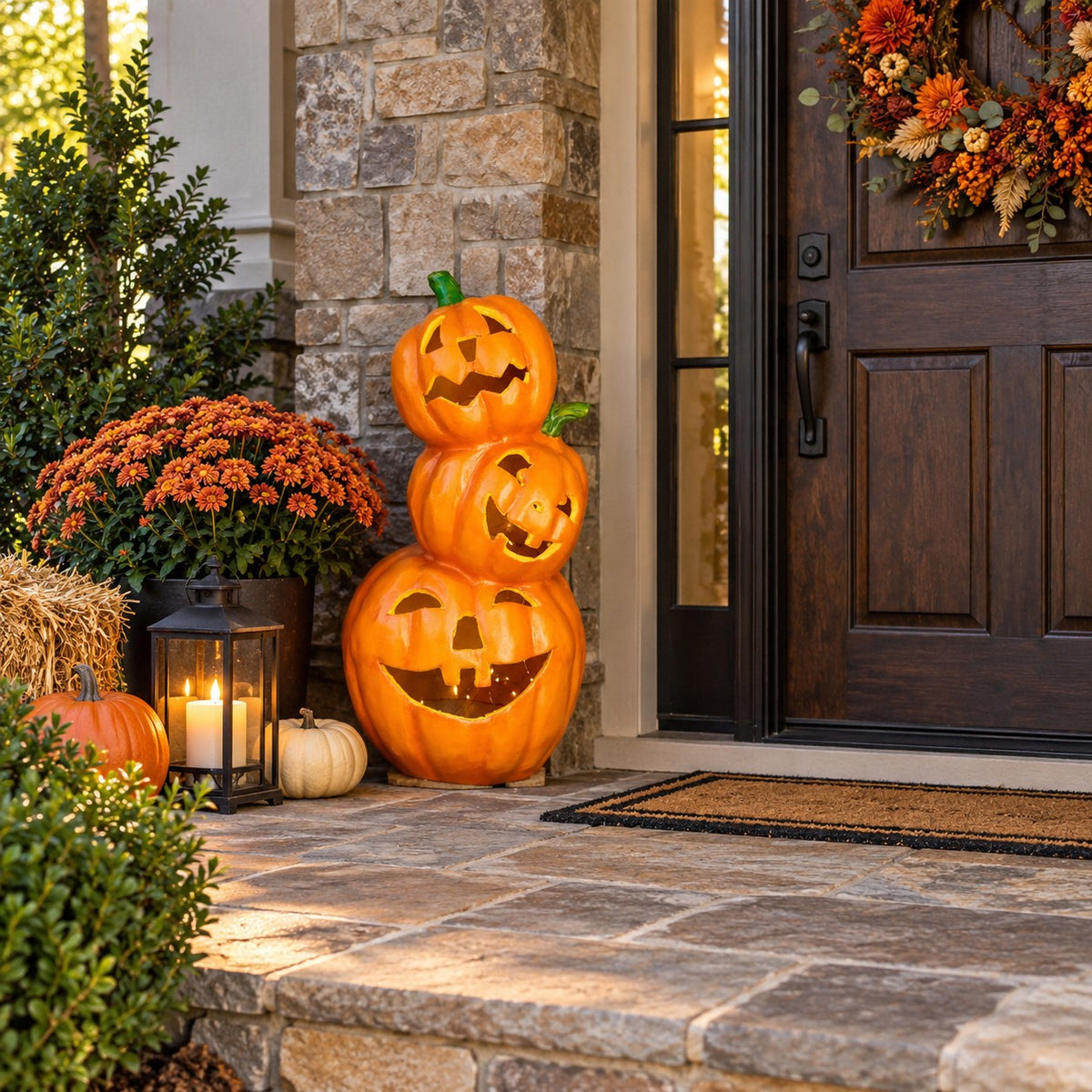 Cast aluminum statue of 3 stacked pumpkins for indoor or outdoor fall displays