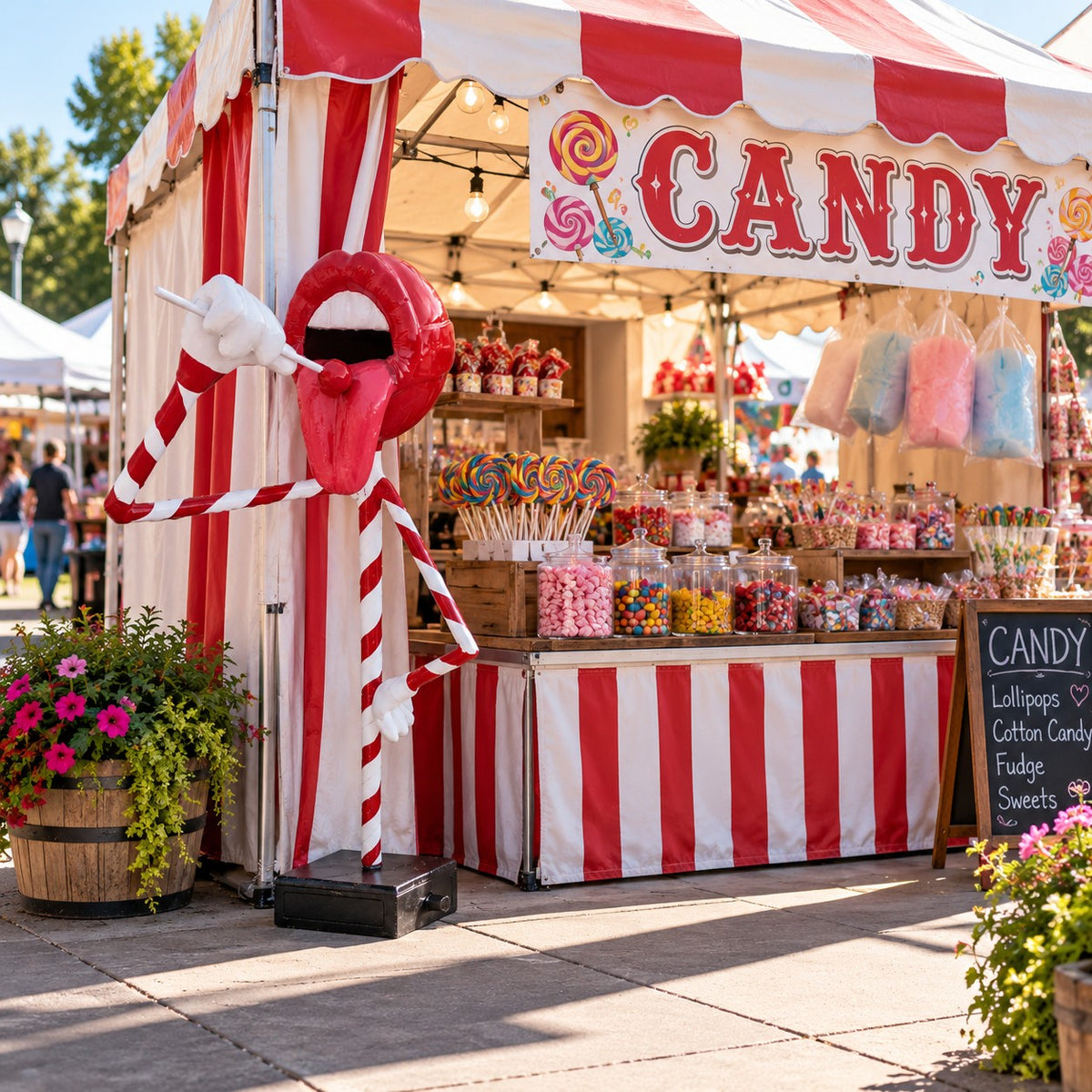 Candy cane-themed statue with red lips, tongue, and striped limbs, perfect for commercial or home decor.