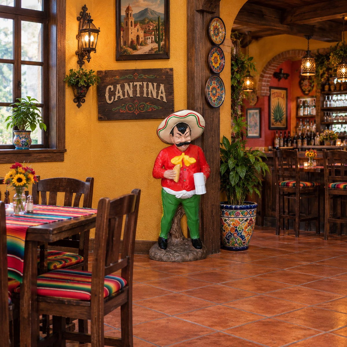 Cast aluminum taco man in a cantina for commercial or residential decor
