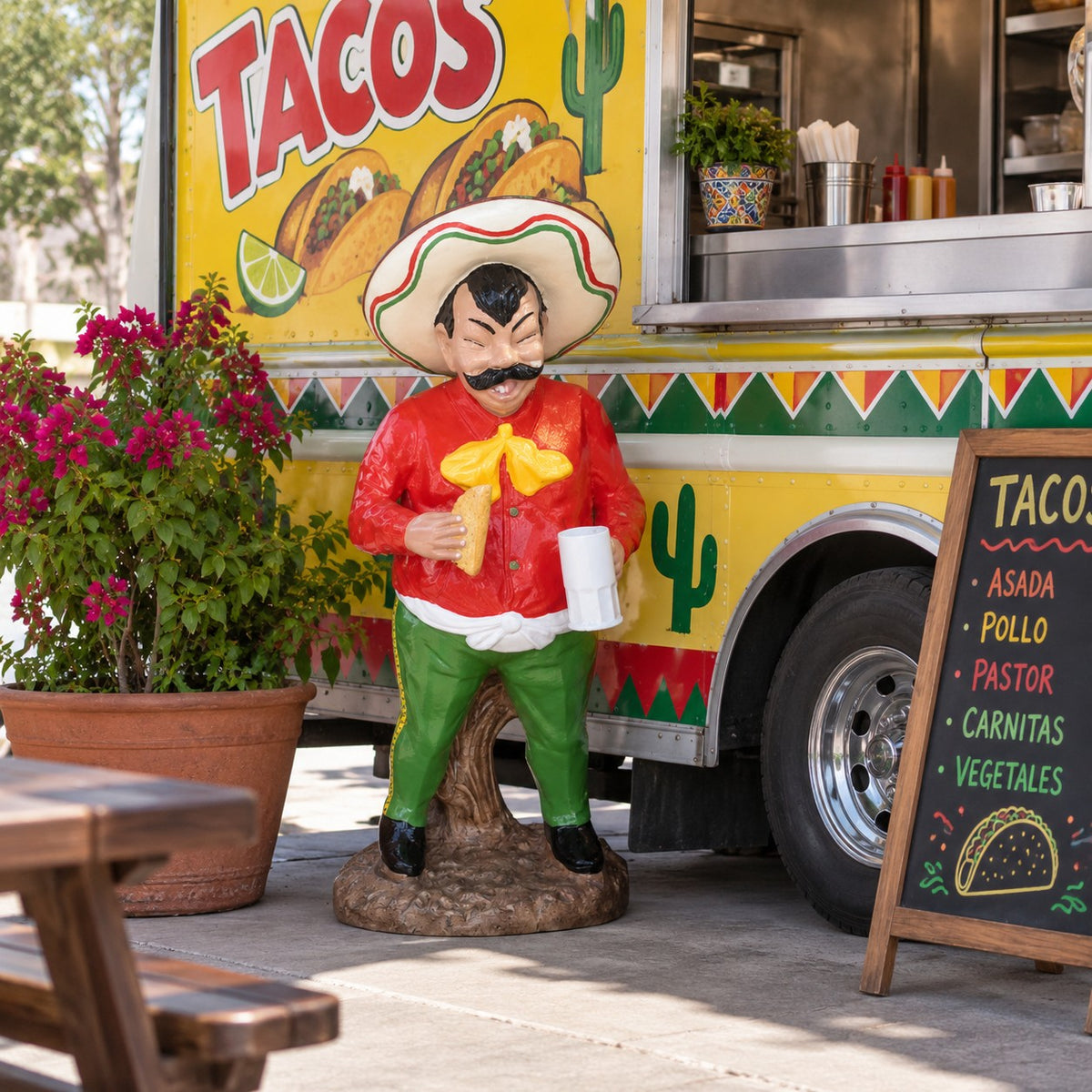 Cast aluminum taco man used a an eye-catching display for a taco truck.