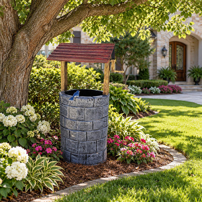 Cast aluminum garden well statue with blue bird, rustic roof, and stone texture for yard decor
