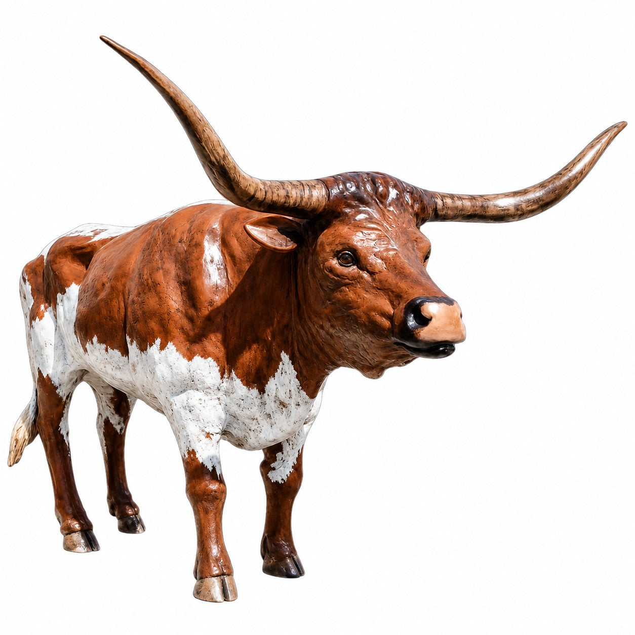 Cast aluminum longhorn bull statue for yard or home decor, rustic brown and white finish