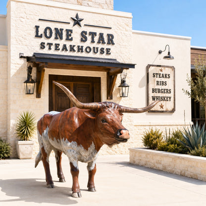Cast aluminum longhorn bull statue for yard or home decor, rustic brown and white finish