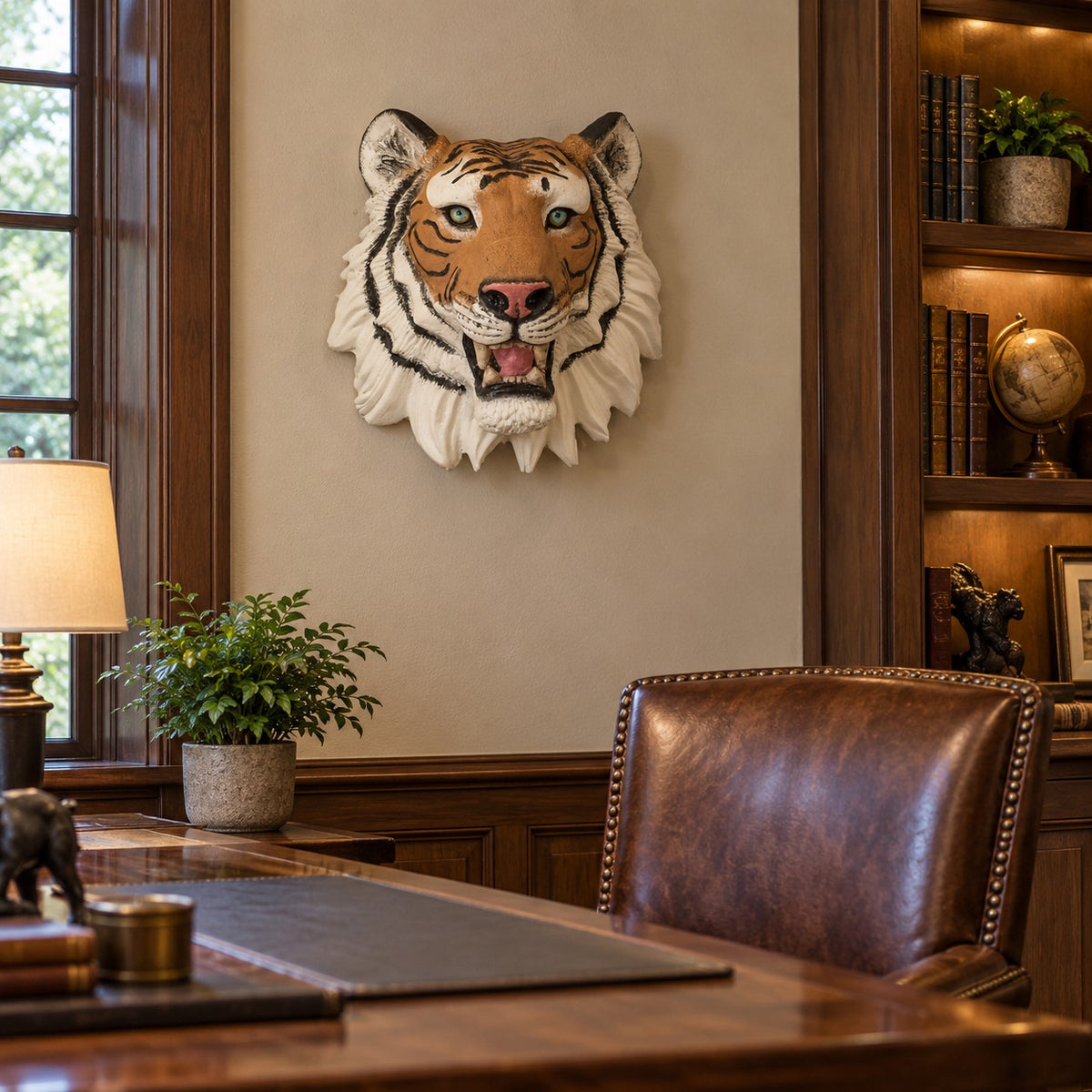 Cast aluminum tiger head wall mount for any indoor or outdoor design space