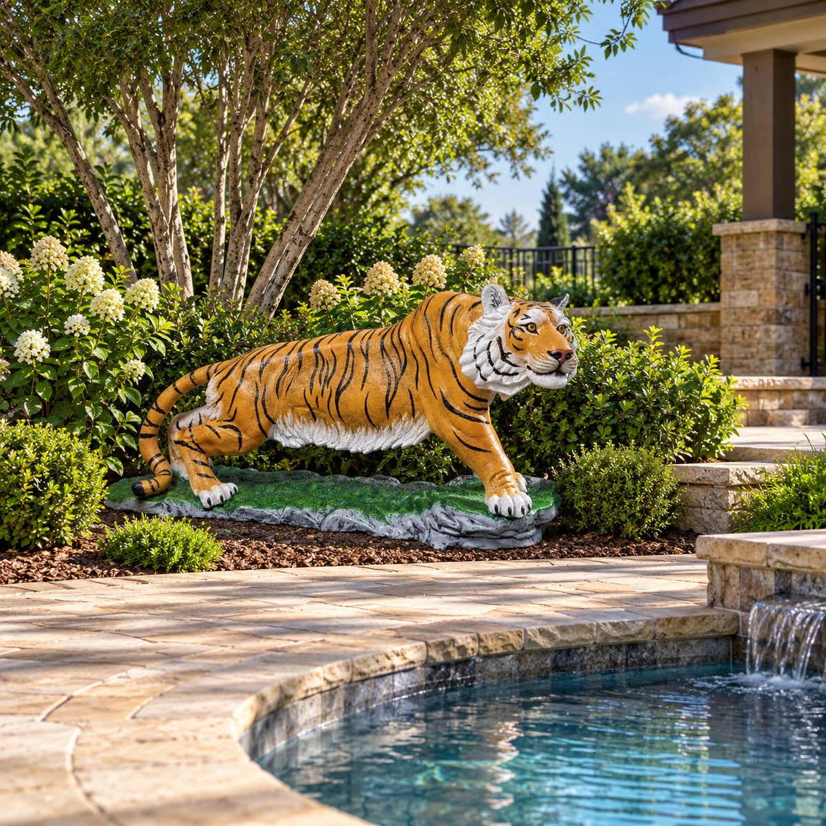 Large cast aluminum tiger on a half rock for dramatic indoor or outdoor design spaces.