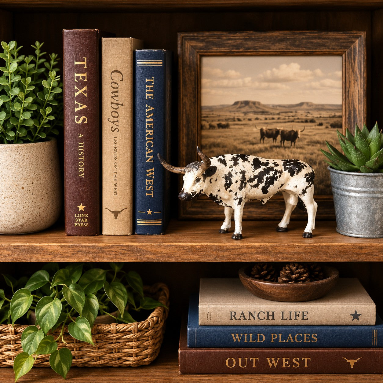 Cast aluminum longhorn bull statue with black and white spots, ideal for home decor