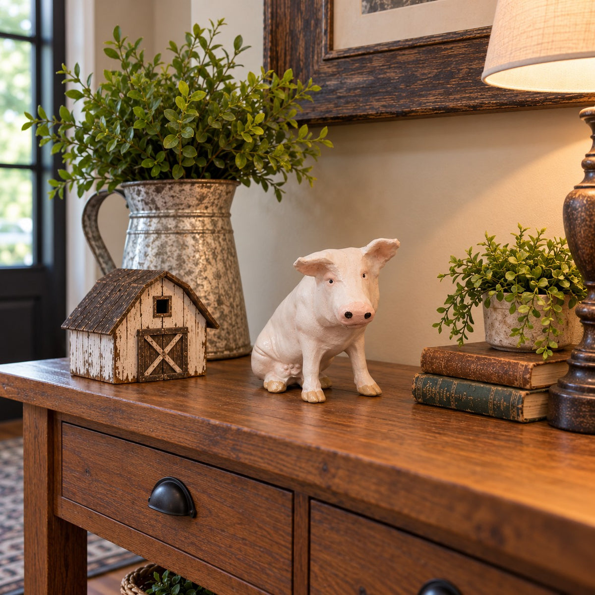 Cast aluminum pig statue for garden or yard decor, rustic farmhouse style