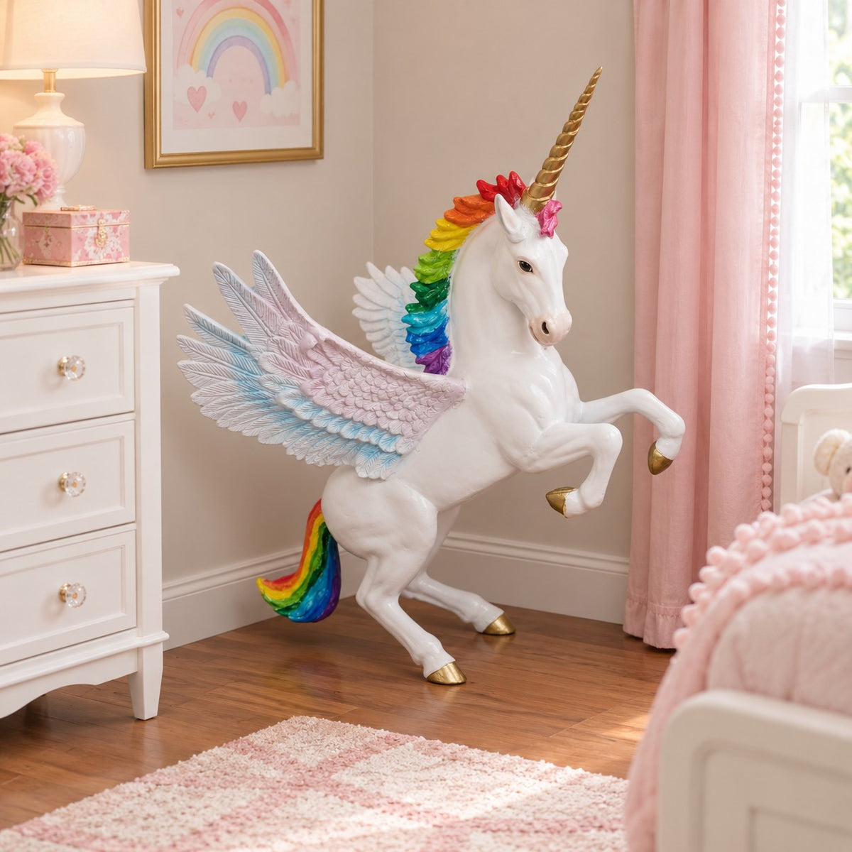 Cast aluminum rearing unicorn with wings for indoor or outdoor decor