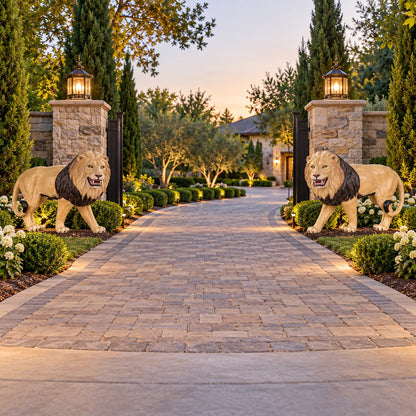 Cast aluminum walking lion pairs in natural colors for outdoor displays.