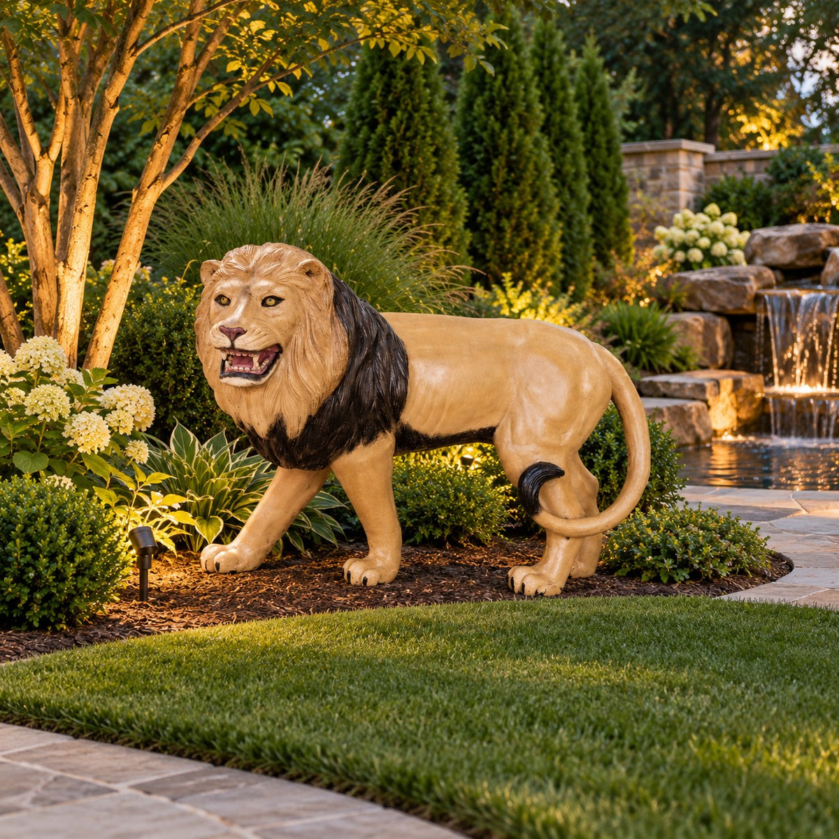 Cast aluminum walking lion in natural colors for outdoor displays.