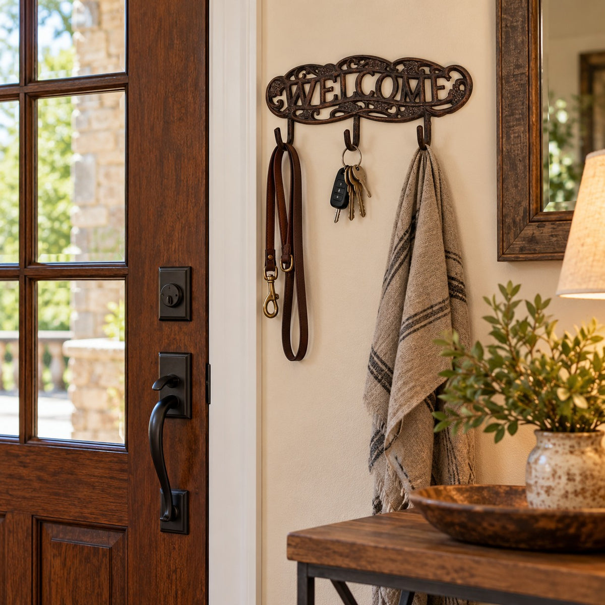 Cast aluminum welcome sign with floral accents and four hooks for indoor or outdoor use.