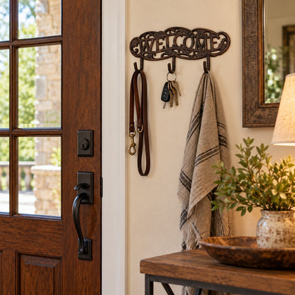 Cast aluminum welcome sign with floral accents and four hooks for indoor or outdoor use.