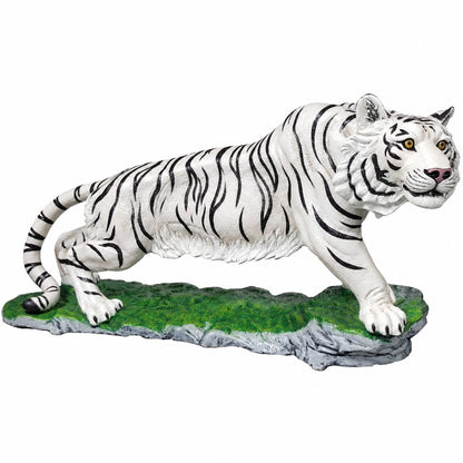 Large cast aluminum white tiger on a half rock for dramatic indoor or outdoor design spaces.