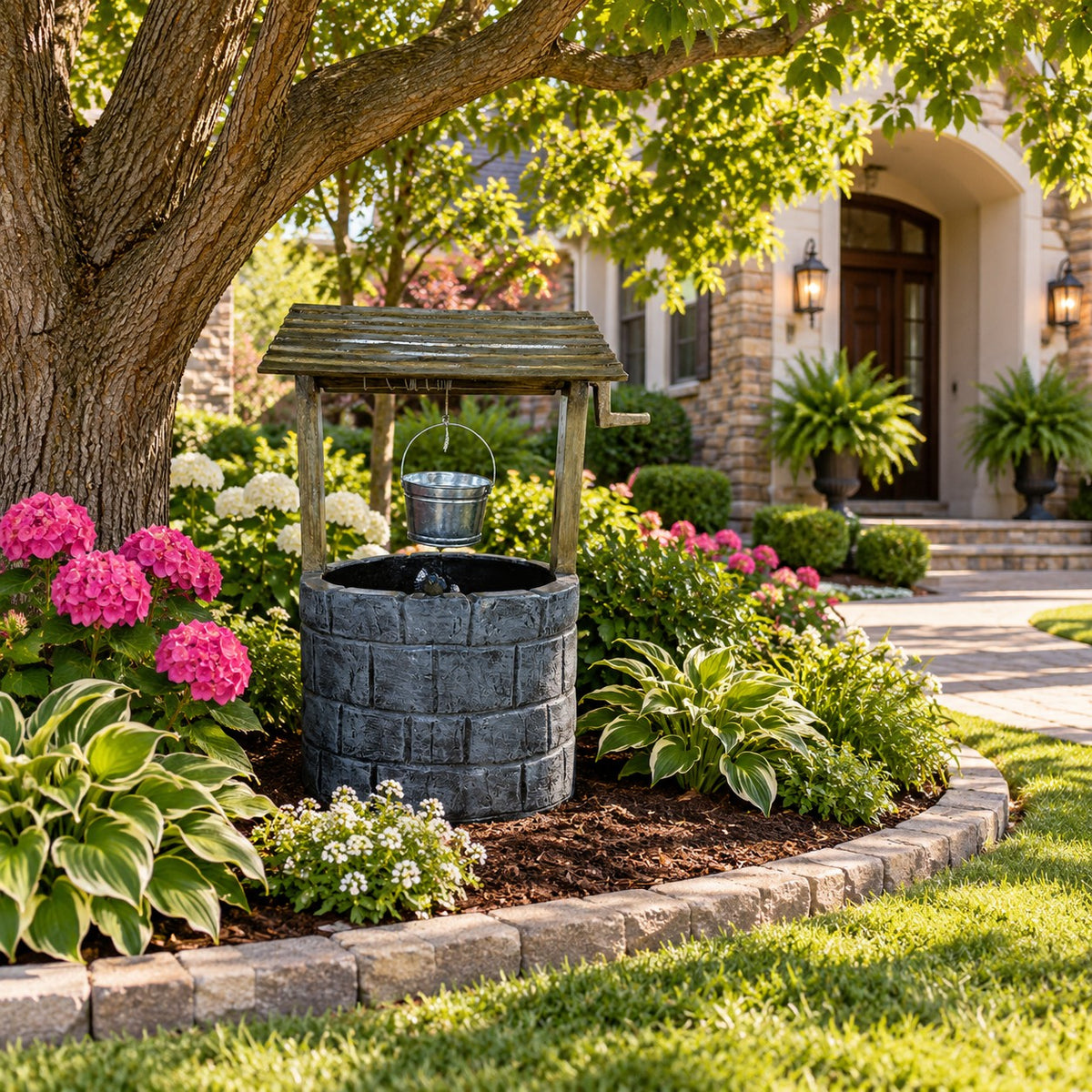 Cast aluminum garden well statue with rustic roof and metal bucket, perfect for backyard decor