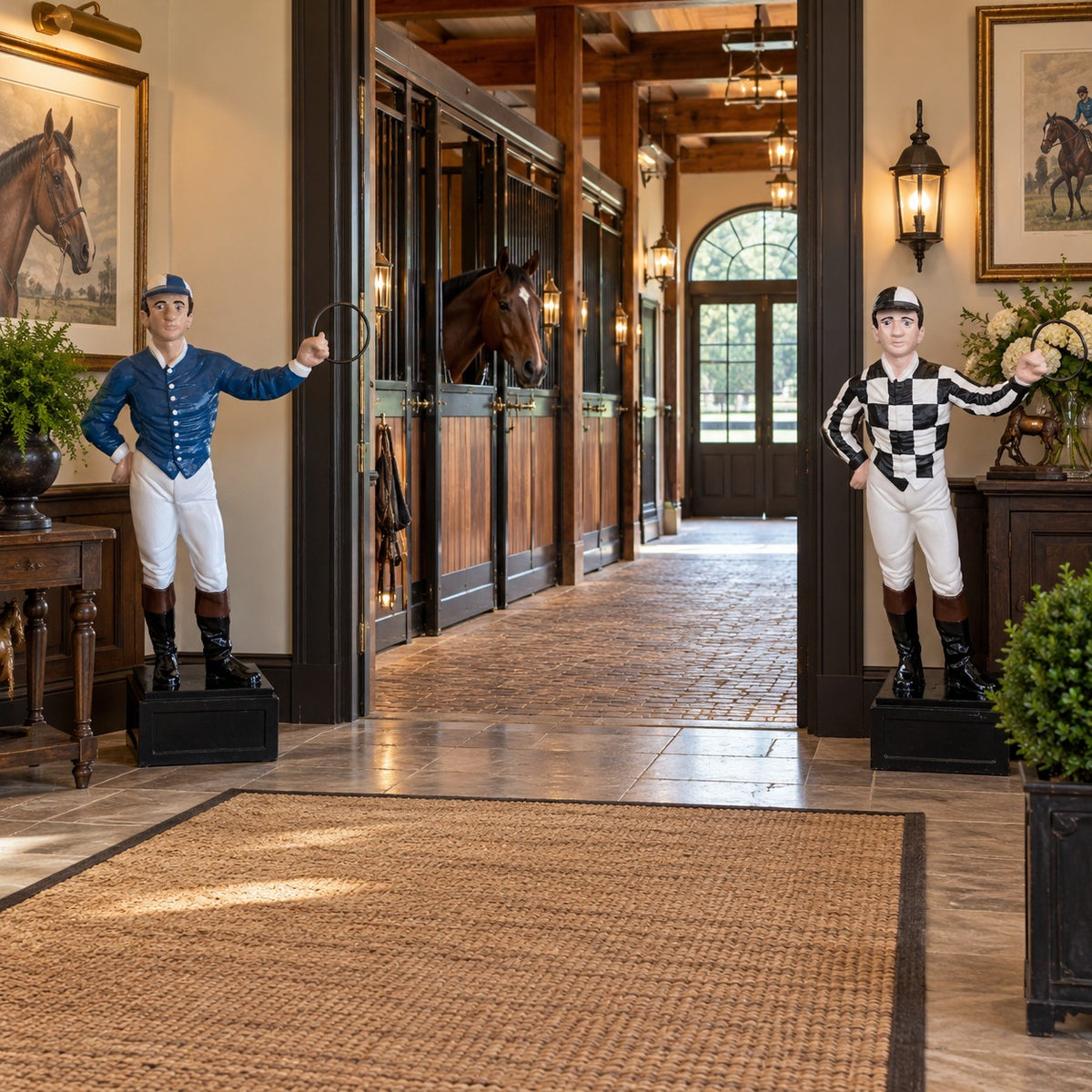 A grand equestrian stable interior with two jockey statues flanking a tiled hallway. One statue wears a blue jacket and white breeches holding a ring, and the other wears a black-and-white checkered jacket and white breeches holding a ring.