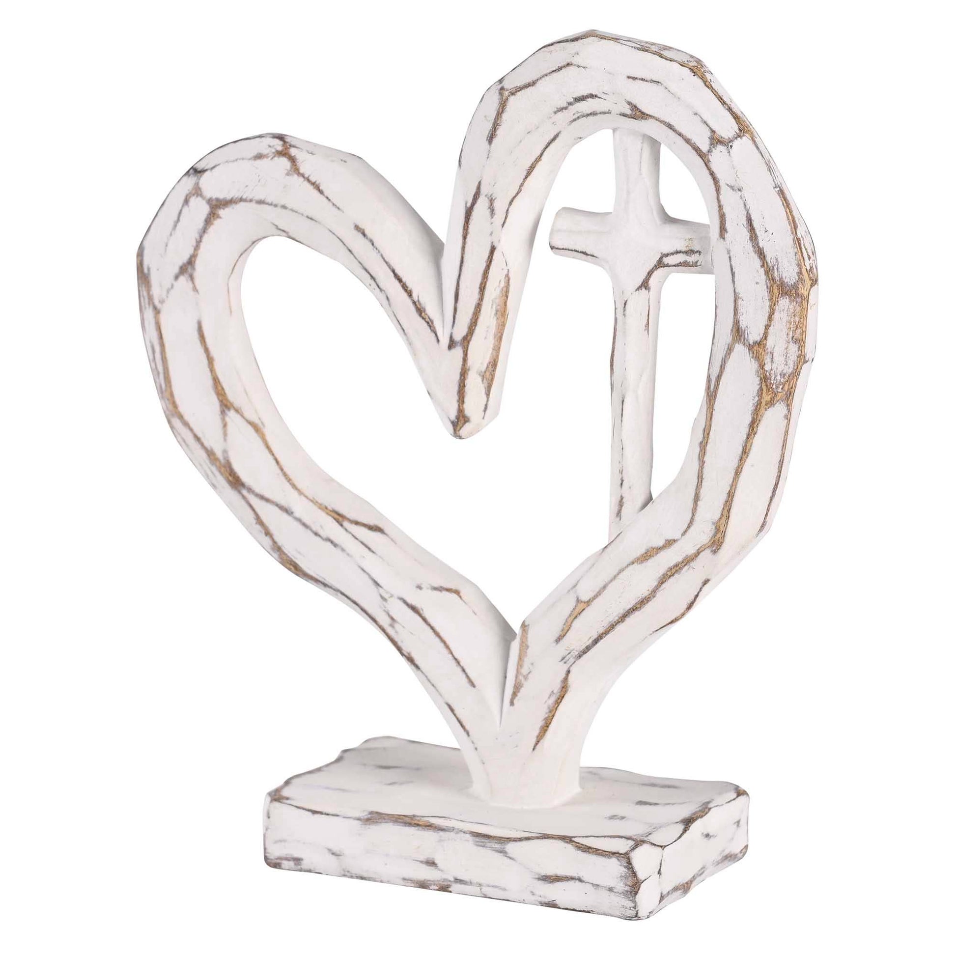 Tabletop Heart With Cross White 7.5H - Backyard Buddies