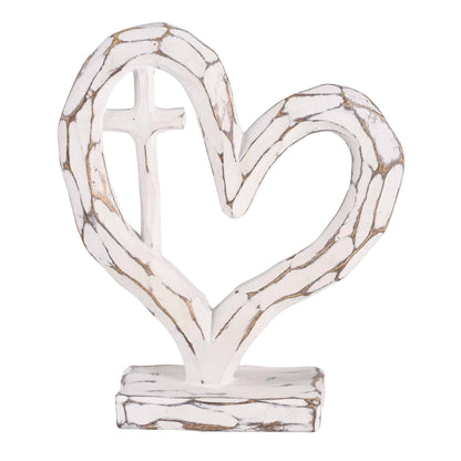 Tabletop Heart With Cross White 7.5H - Backyard Buddies